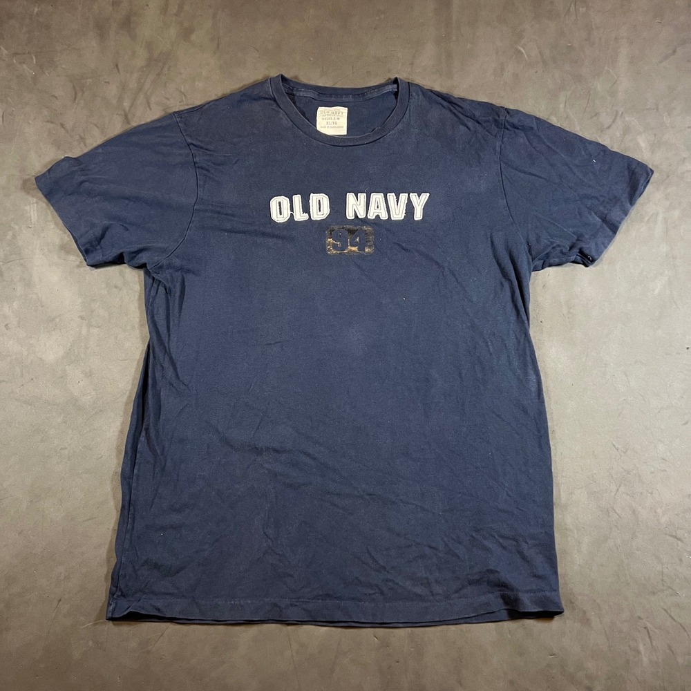VTG Y2K Old Navy T Shirt Mens XL Navy Blue Distressed Graphic Applique 94